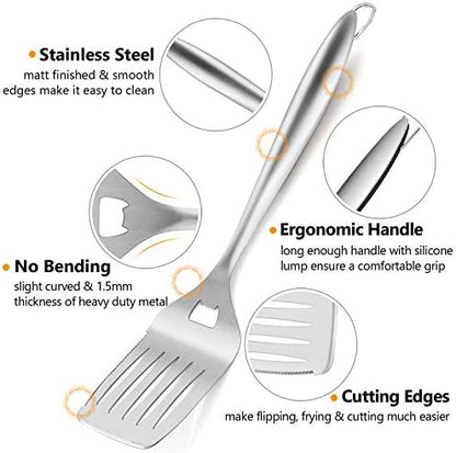 HaSteeL Grilling Utensil Set 18in, Stainless Steel BBQ Accessories Tools with Bag for Outdoor Cooking Camping, Heavy Duty Grill Spatula, Tong, Meat Fork, Basting Brush, Cleaning Brush, Man’s Gift