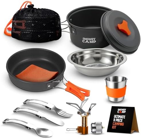 Smokey Camp Camping Cookware Mess Kit Set with Stove - Backpacking Camping Pots and Pans Set, All in One Non-Stick Camping Cooking Set, Portable Stove, Hiking, Picnic, Outdoor & Camping Cookware Set