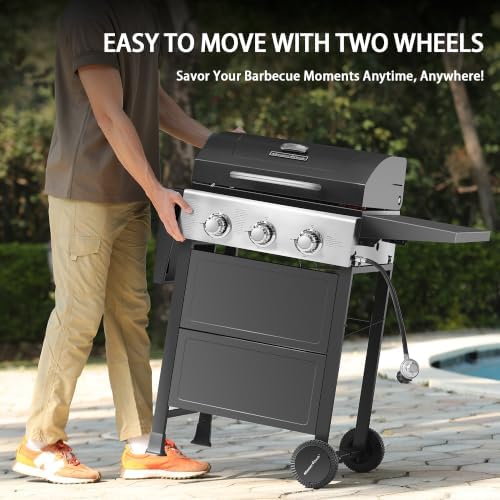 MASTER COOK 3 Burner BBQ Propane Gas Grill, 472 Sq. In. Cooking Area, 30,000 BTU Stainless Steel Barbecue Grill with Two Foldable Shelves for Outdoor Patio, Backyard