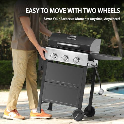 MASTER COOK 3 Burner BBQ Propane Gas Grill, 472 Sq. In. Cooking Area, 30,000 BTU Stainless Steel Barbecue Grill with Two Foldable Shelves for Outdoor Patio, Backyard