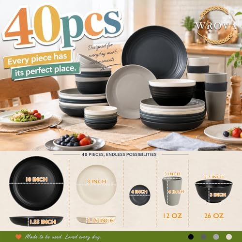 Wrova Kitchen Plates and Bowls Sets 40PCS,Wheat Straw Dinnerware Sets for 8
