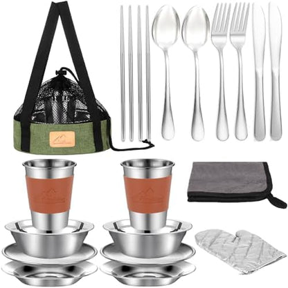 Camping Mess Kit - 1 to 2 Persons Camping Dishes Includes Cups, Bowls, Knives, Forks, Spoons, Camping Dinnerware Set Camping Cooking Utensils Accessories Plates Dinnerware Set