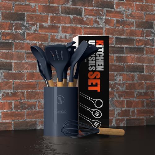 oannao Silicone Cooking Utensils Set - 446°F Heat Resistant Silicone Kitchen Utensils for Cooking,Kitchen Utensil Spatula Set w Wooden Handles, BPA FREE Gadgets for Non-Stick Cookware (Navy Blue)