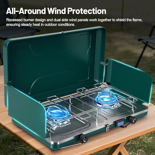 2-Burner Propane Stove, Portable Camping Cooktop with 2 Adjustable Burner and Wind Guards, 20000BTU Camping Stove with Ignition & Griddle for Camping,Tailgating, BBQ, Grilling,Outdoor Gear