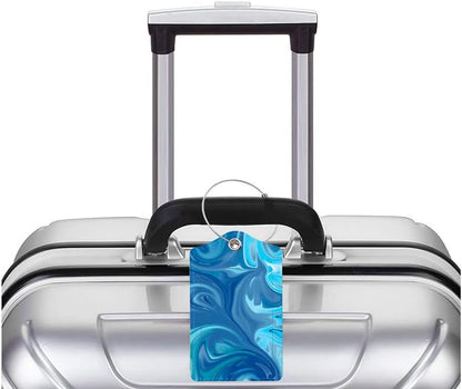 2 Pack Luggage Tag for Suitcase, Cute Unique Leather Bag Tags Identifiers Privacy Cover ID Label with Durable Steel Loop for Women Men Kids Girls Travel，Blue Wave