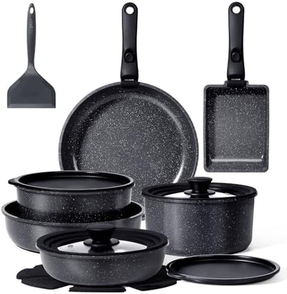 GIPP Pots and Pans Set Non Stick,Kitchen Cookware Set Detachable Handle, Non Toxic Cooking Pan Set with Frying Pans Set,RV Cookware Sets for All Stoves, Dark Grey, 17PCS