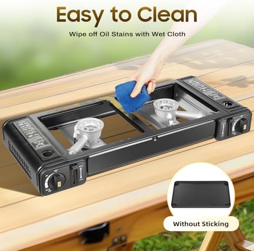 2-Burner Camping Stove, Portable Butane Gas Cooker with Carry Case for Outdoor Camping Countertop Cooking, 3924 BTU, Electronic Ignition, Protection Valve (With Baking Pan)