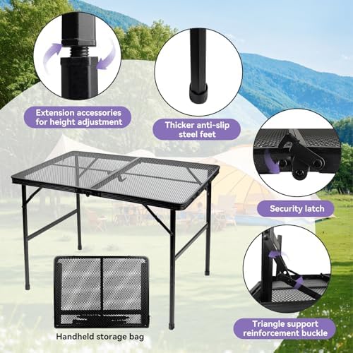 BRIAN & DANY 3x2 FT Folding Grill Table Camping Table, Metal Portable Picnic Table, Lightweight Height Adjustable Foldable Table for Outdoor, Black