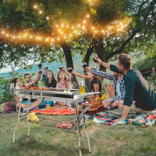 Portable Charcoal Grill, Large Stainless Steel Folding BBQ Grill with Storage Shelf, Foldable Barbecue Grill for Outdoor Cooking Camping Hiking Backyard Garden Picnic Parties Kabob (39x13.4x28 Inch)