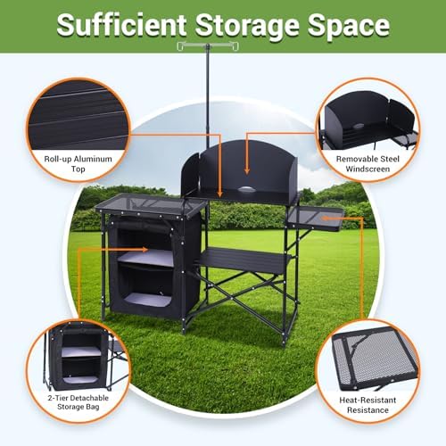 Nice C Camping Kitchen Table Station, Portable Folding Grill Table (Black)