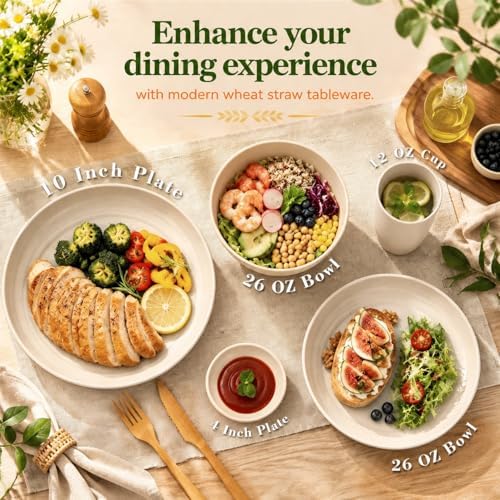 Wrova Unbreakable Plates Bowls and Cups Set, Wheat Straw Dinnerware Sets