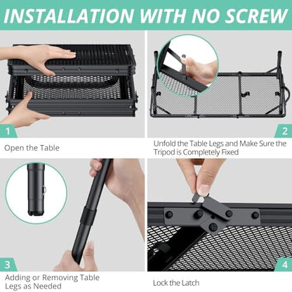 VINTEAM Folding Grill Table with Mesh Top, 3 Adjustable Heights, Lightweight Portable Camping Table, Black Aluminum Alloy BBQ Picnic Table for Outdoor Cooking, Tailgating, Beach, RV & Backyard