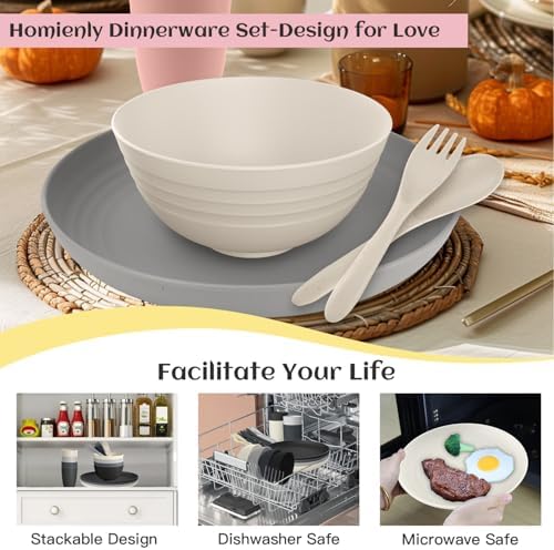 Homienly Unbreakable Wheat Straw Dinnerware Sets, Plastic Plates and Bowls Sets Alternative 20 PCS, Microwave & Dishwasher Safe Dish Set for Kitchen, Camping, Kids, Apartment, Lightweight(Grey Stone)
