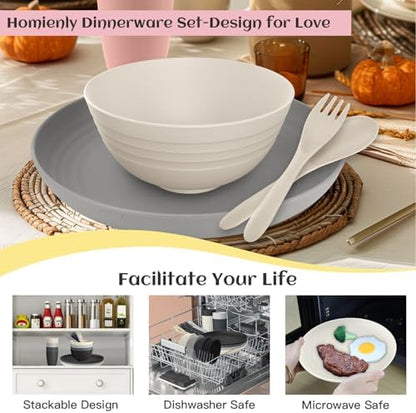 Homienly Unbreakable Wheat Straw Dinnerware Sets, Plastic Plates and Bowls Sets Alternative 20 PCS, Microwave & Dishwasher Safe Dish Set for Kitchen, Camping, Kids, Apartment, Lightweight(Grey Stone)