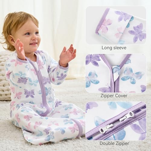Baby Sleep Sack 12-18 Months, Long Sleeve Baby Wearable Blanket 0.5 Tog with Mittens, 2-Way Zipper Toddler Cotton Sleeping Sack for Boy and Girl Purple Butterfly 2 Pack(Large)