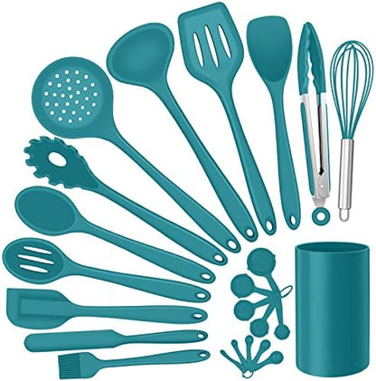 Silicone Kitchen Utensils Set, E-far 23 Pcs Blue Cooking Utensils Tools with Holder for Nonstick Cookware, Include Spatula/Spoon/Ladle/Tongs/Turner, Heat Resistant & Nontoxic, Dishwasher Safe