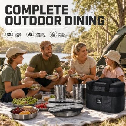 Camping Dinnerware Set, 4 Person Camping Mess Kit, Portable Outdoor Cookware Set, Complete Camping Dishes