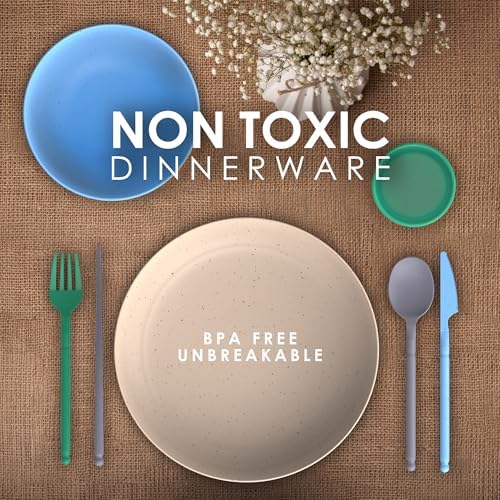 Wheatstraw Dinnerware Set for 4 - Camping Dishes & Utensils - Microwavable Plates - Alternate To Plastic Plates And Bowls - Camping Kitchen Set - Rv Dinnerware - Wheat Straw Dorm Dishes