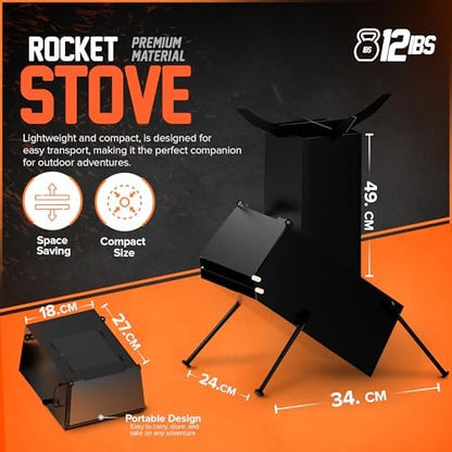Rocket Stove for Camping Heavy Duty Wood Burning Stove with Adjustable Legs, Portable Wood Burning Fire Camping Stove, Cooking Camping Grilling Outdoor Backyard BBQ Stove with Storage Bag, Rod, Gloves