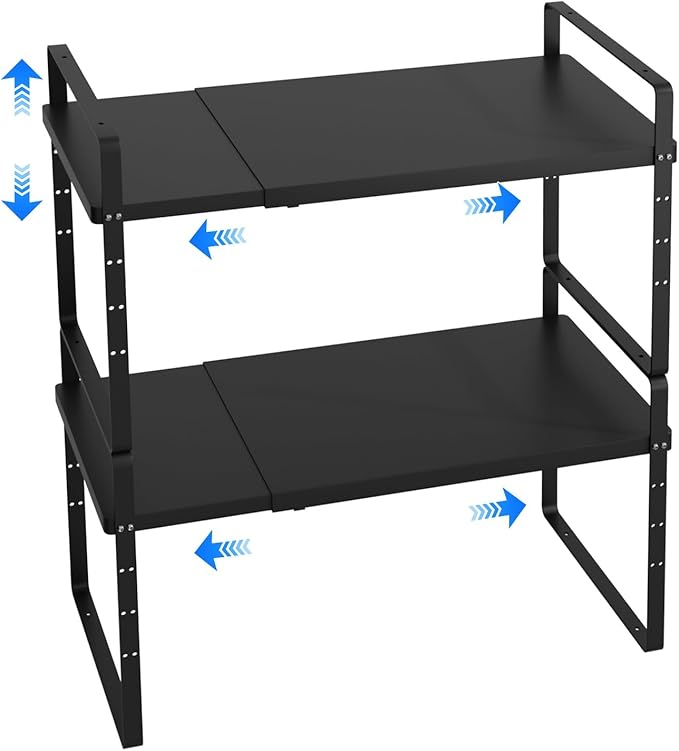 Expandable Cabinet Shelf Organizer, Stackable Kitchen Pantry Counter Storage, Adjustable Closet Cupboard Stand Rack Risers Spice Organization 80LBS Heavy Duty Black Large 2 Pack