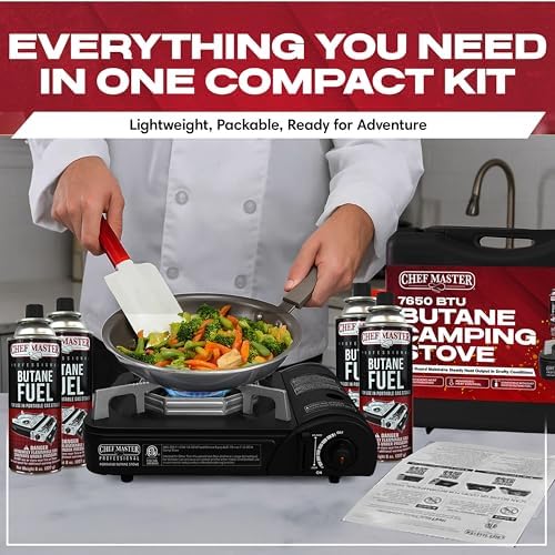 Chef Master Butane Camping Stove - Combo w/ 4 Fuel Canisters - 7,650 BTU