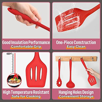 Silicone Cooking Utensils Set, E-far 7-Piece Red Heat Resistant Kitchen Utensils Set, Kitchen Nonstick Tools Spatula Ladle Spoon Pasta Server for Non-stick Cookware, Non-Toxic & Dishwasher safe