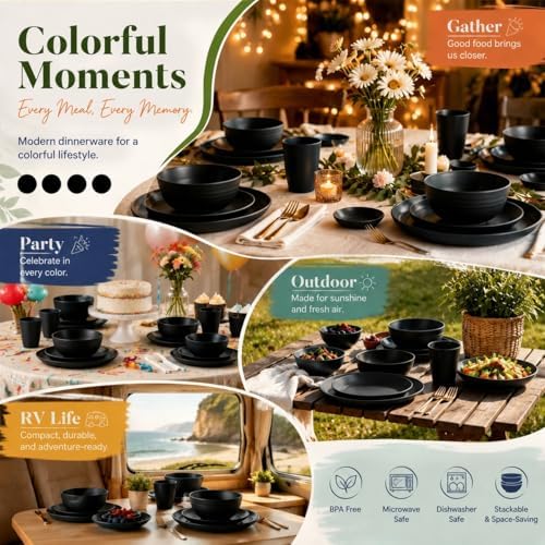 Wrova Wheat Straw Dinnerware Sets 40PCS, Black Plates and Bowls Sets for 8