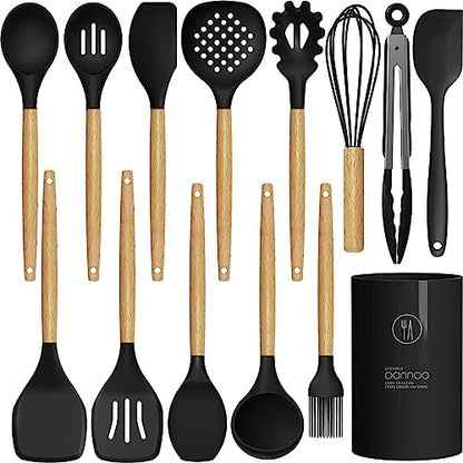 oannao Silicone Cooking Utensils Set - 446°F Heat Resistant Silicone Kitchen Utensils for Cooking,Kitchen Utensil Spatula Set w Wooden Handles, BPA FREE Gadgets for Non-Stick Cookware (Black)