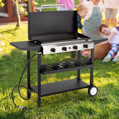 ROVSUN 4 Burner Portable Propane Griddle with Ignition, 40000 BTU Freestanding Flat Top Gas Grill with Enameled Tray, Lid, Side Shelves & Regulator for Outdoor Cooking Camping BBQ