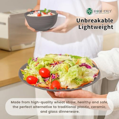 Homienly Wheat Straw Plates and Bowls Set, Lightweight & Unbreakable Dinnerware Set for Kitchen, Parties, Holidays, Microwave and Dishwasher Safe Dish Set - Plate Sets, Bowls, Cups, 24pcs (Grey Stone)