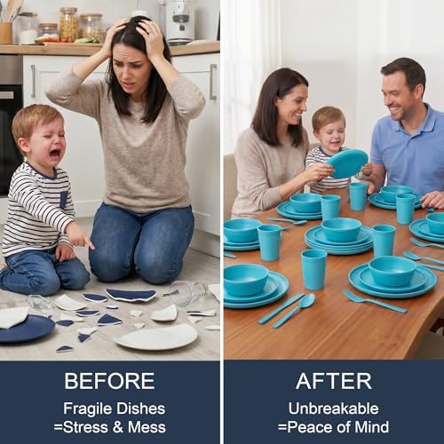 56 Piece Plates and Bowls Sets for 8, Unbreakable Dinnerware Sets