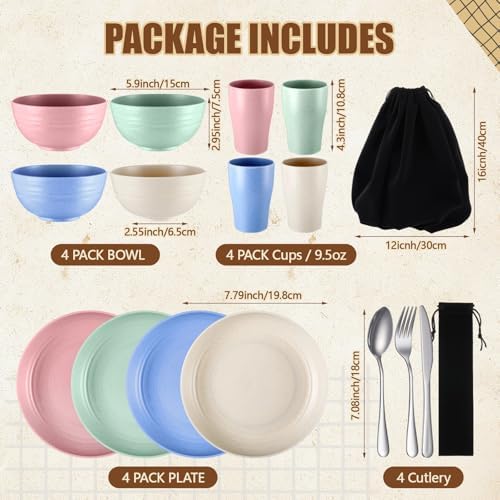 Teenyyou 4 Sets Camping Mess Kits for 4 Person Camping Silverware Set Include Cup, Bowl, Plate, Knife, Spoon, Fork Cutlery Set Unbreakable Wheat Straw Dinnerware Utensils for Travel