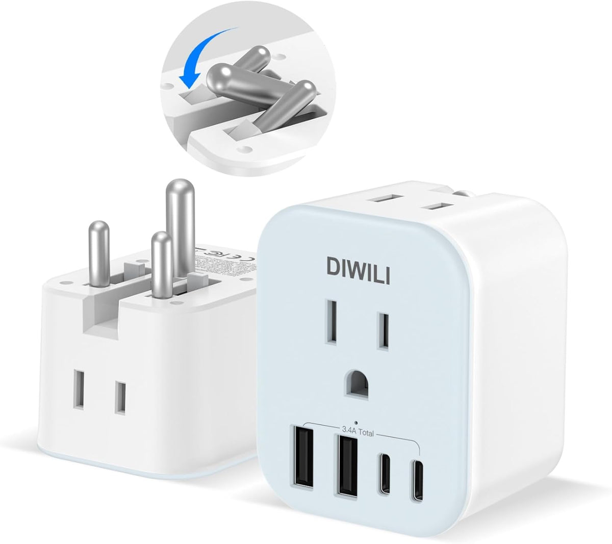 US to India Travel Plug Adapter, Foldable India Power Adapter with 4 USB(2 USB C Port) and 2 AC Outlets Charger, Type D Adaptor for US to India Bangladesh Maldives Pakistan Sri Lanka(1 Pack)