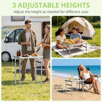 2ft Plastic Folding Camping Table, 3 Adjustable Height Waterproof Small Folding Table Lightweight & Portable with Carry Handle for Outdoor Camping RV Travel Picnic Beach, 22.8" X 15.7", White