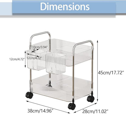 2-Tier Utility Rolling Cart Storage Organizer Sofa Side Table with Wheels, Under Desk Mobile Trolley Organizer with Handle and 2 Hanging Baskets for Office Home Kitchen Organization, Transparent