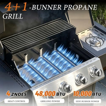 ROVSUN 4-Burner Propane Gas BBQ Grill with Side Burner & Enameled Cast Iron Grates, 58,000 BTU Barbecue Grill with Wheels for Outdoor Patio Backyard Cooking Grilling, Black