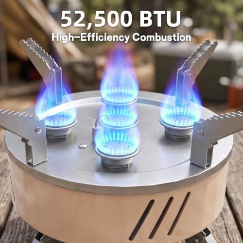 52500 BTU Portable Camping Stove 1 lb Propane Tank Adapter and Hose for Camping with 3 Fuel Connection Options, Piezo Ignition and Carry Bag for Outdoor Cooking