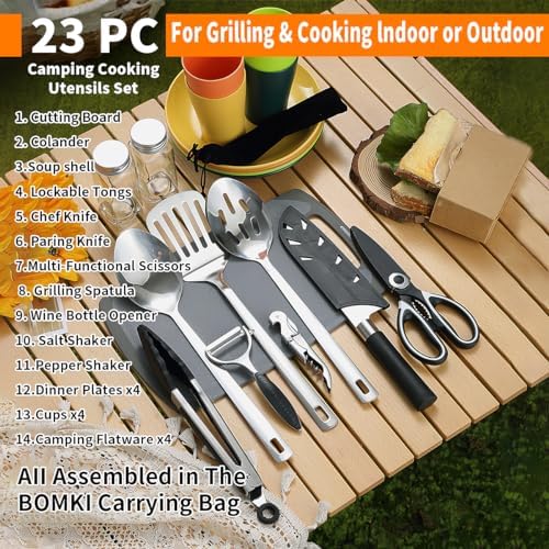Berglander Camping Essentials, Camping Cooking Utensils Set, Camping Accessories Gear Must Haves, Come with Camping Silverware Sets, Plates and Cups, Great for Outdoor Stove, Picnic, BBQ