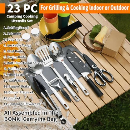 Berglander Camping Essentials, Camping Cooking Utensils Set, Camping Accessories Gear Must Haves, Come with Camping Silverware Sets, Plates and Cups, Great for Outdoor Stove, Picnic, BBQ