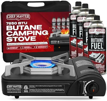 Chef Master Butane Camping Stove - Combo w/ 4 Fuel Canisters - 7,650 BTU