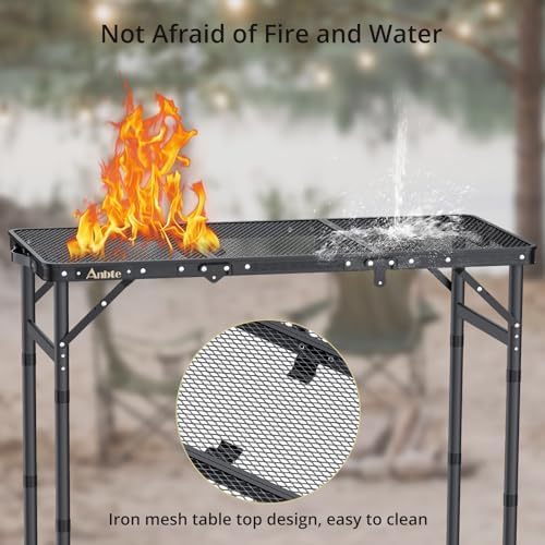 Anbte Folding Grill Table, 3ft Tri-Fold Aluminum Folding Table Adjustable Height Max 27.5" Grill Table with Mesh Desktop, Lightweight, Portable Handle for Outdoor Cooking BBQ Picnic (Black)