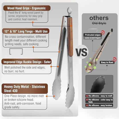 16" & 12" Heavy Duty Stainless Steel Grill Tongs, 2-Pack