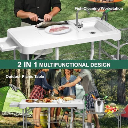 42.5" Fish Cleaning Table with Dual Sink for Camping, Picnic, White