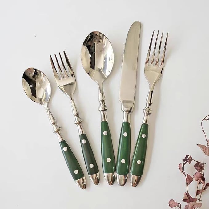20-Piece Silverware Set, 304 Riveted Stainless Steel Flatware Set, Service for 1, Vintage Cutlery Set with Green Bakelite Handle, Mirror Polished | Rustic | Dishwasher Safee