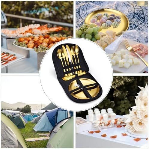 Camping Silverware Kit Cutlery Organizer Utensil Picnic Set Stainless Steel Plate Spoon Clip and Serrated Knife Wine Opener Fork Napkin Hiking - Camp Kitchen BBQ’s