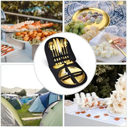 Camping Silverware Kit Cutlery Organizer Utensil Picnic Set Stainless Steel Plate Spoon Clip and Serrated Knife Wine Opener Fork Napkin Hiking - Camp Kitchen BBQ’s