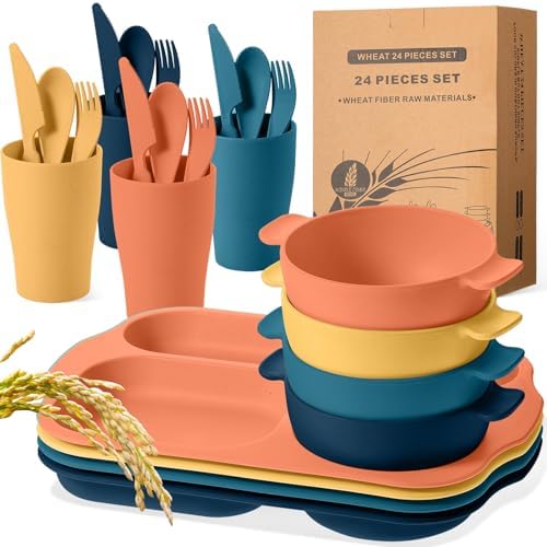 Honoson 24pcs Wheat Straw Dinnerware, Unbreakable, Bright Color