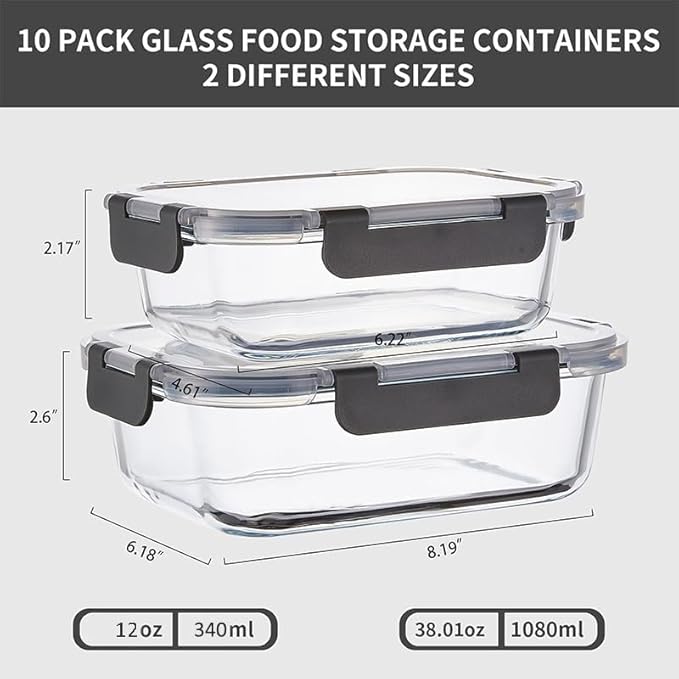 10 Pack Glass Meal Prep Containers with Lids, Reusable Airtight Leakproof Glass Lunch Bento Boxes, Freezer, Microwave Oven and Dishwasher Safe, Gray