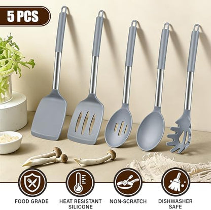 5Pcs Silicone Cooking Utensils Set, Heat Resistant Kitchen Tools Include Solid&Slotted Spatula, Cooking Spoon and Pasta Server, Silicone Kitchen Utensils set for Nonstick Cookware Flipping, Gray