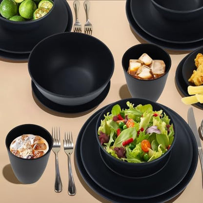 Wrova Wheat straw dinnerware sets of 40-10 inches plates,9 inches plates,6inches snack plate,26oz bowls,12oz cups - Unbreakable plates and bowls sets microwave safe and dishwasher safe. Black